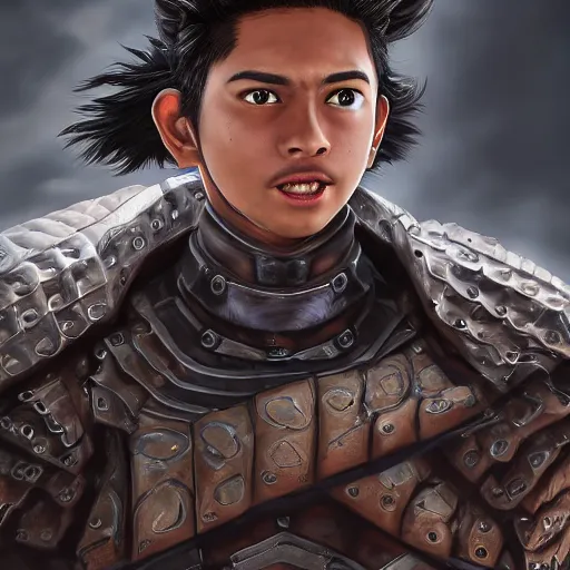 Prompt: anime of young hispanic man with facial stubble, brown eyes, full body, reptile armor by akira toriyama hyper realistic, dark fantasy detailed, high definition insanely detailed, bitter wide angle lens dark lighting, moody lighting