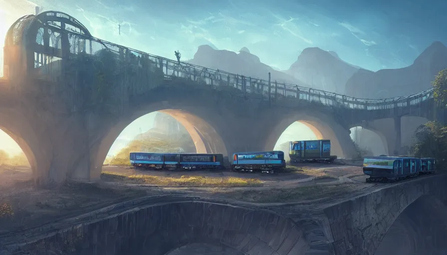 Image similar to futuristic cargo train driving over aqueduct, green hills, matte painting, artstation, sunrise, blue sky, solarpunk