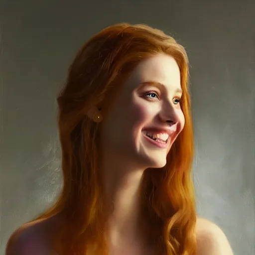 Prompt: a very beautiful highly aesthetic oil painting of Alexandria Morgan happily posing in a very happy and amused mood, artsy, trending on Artstation, 4k, masterpiece
