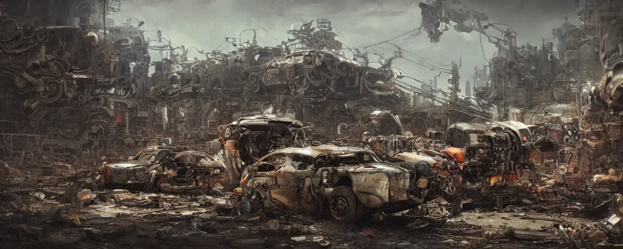 Prompt: an intricate concept art of a mechanical coming out to life in a junkyard, post - apocalyptic, hyper maximalist, matte painting, ultra detail, concept art, hyper realistic, cgsociety, hyper maximalist, artstation, deviantart, style by feng zhu and dylan cole, octane render, anime style