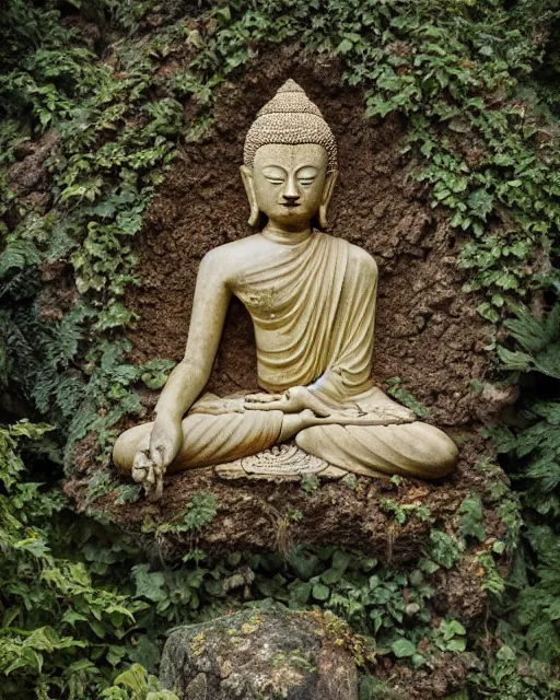 Prompt: Dhammapada, meditation, Samadhi, made of stone, made of earth, made of wood, made of gold, carving, overgrown with vegetation, ancient, decaying, detailed, dramatic, 8K, octane