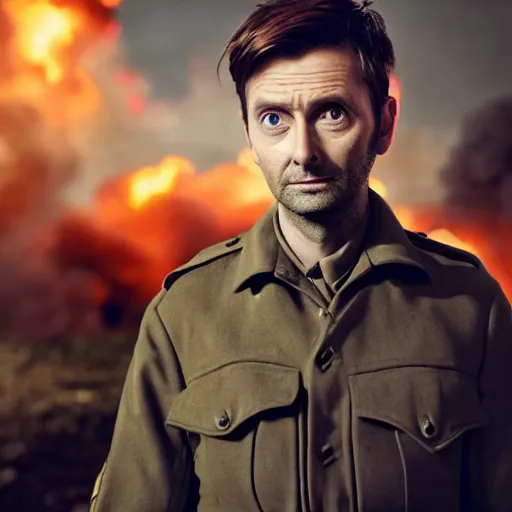 Prompt: david tennant as a world war 2 soldier in the battlefield, explosions in background, gunshots, longshot, centered shot, 4 k, found footage, shutterstock