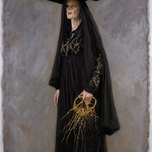 Image similar to portrait of a witch, dressed in black clothes embroidered with gold, by donato giancola and berthold woltze.