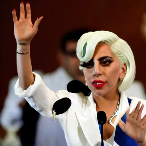 Prompt: Lady Gaga president of Argentina, Argentina flag behind, bokeh, detailed, hd, waving hands, in Argentine Congress