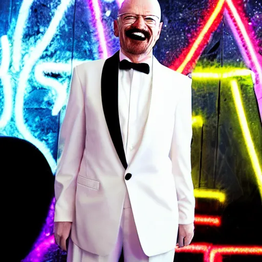 Image similar to walter white in a white tuxedo, laughing in a night club, neon lights and laser show