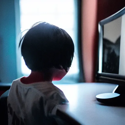 Image similar to angry child looking at monitor typing on keyboard photo dramatic lighting from behind