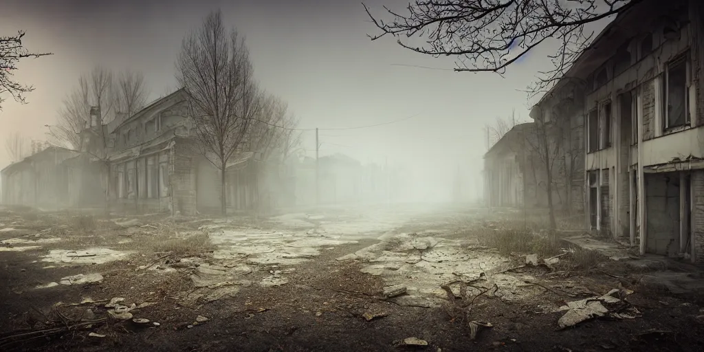 Image similar to abandoned houses, dilapidated Chernobyl city street, fog, rain, volumetric lighting, beautiful, golden hour, sharp focus, ultra detailed, cgsociety