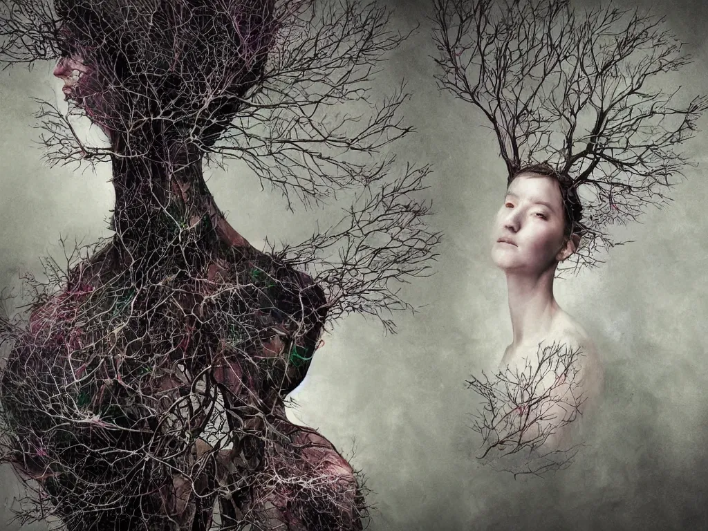 Prompt: a artistic multicalors picture with singular human -tree with crown like mycelium branches highly detailed by Adam Martinakis, by Agnes Cecile and by Agnes Lawrence Pelton