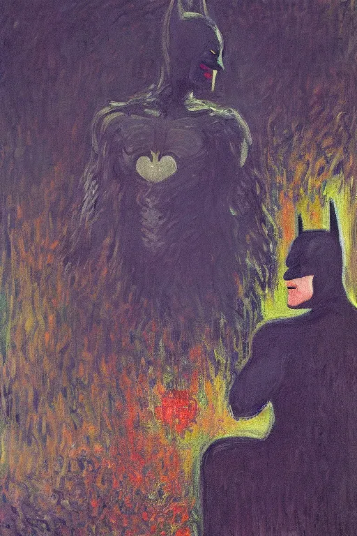 Prompt: Batman portrait impresionism painting by Claude Monet, night