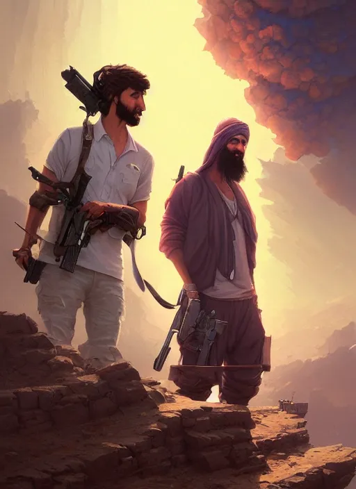 Image similar to highly detailed portrait justin trudeau in ( ( osama bin laden ) ) holding desert eagle! in saints row iv stephen bliss unreal engine fantasy art by greg rutkowski loish rhads ferdinand knab makoto shinkai lois van baarle ilya kuvshinov rossdraws tom bagshaw global illumination radiant light detailed intricate environment