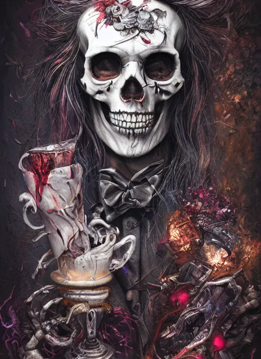 Prompt: Mad Hatter, Death Tarot card,highly detailed,half skull face,cinematic,8k,by Stanley Artgermm,Tom Bagshaw,Greg Rutkowski,Carne Griffiths, Ayami Kojima, Beksinski, Giger,trending on DeviantArt,hyper detailed,horror, full of colour