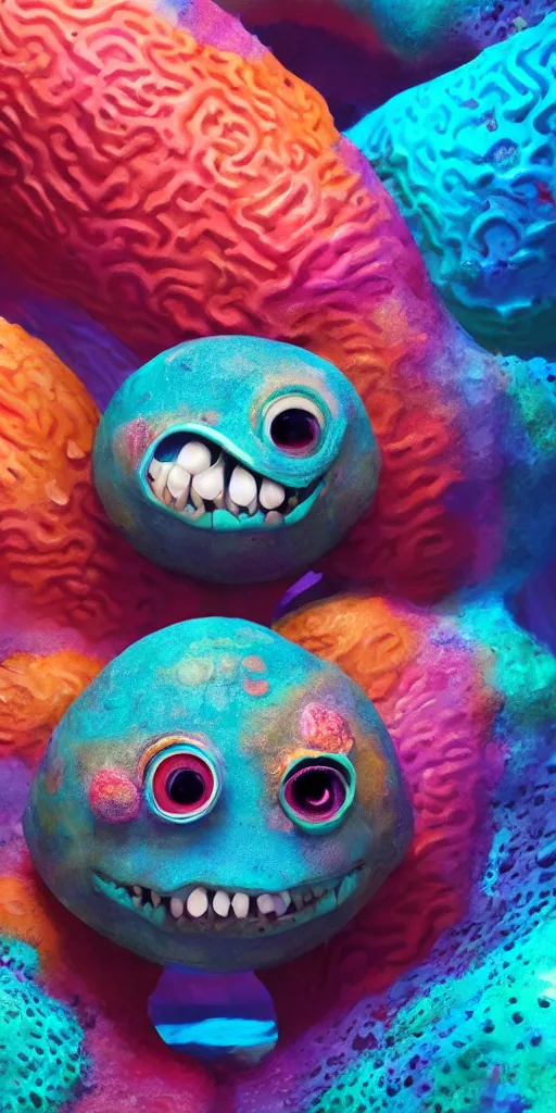 Image similar to of a colorful deep sea cave with strange cute friendly happy creatures with huge eyes, mouth, long tongue and round teeth appearing from sandy coral, in the style of gehry and gaudi, macro lens, shallow depth of field, ultra detailed, digital painting, trending artstation, concept art, illustration, cinematic lighting, photorealism, epic, octane render