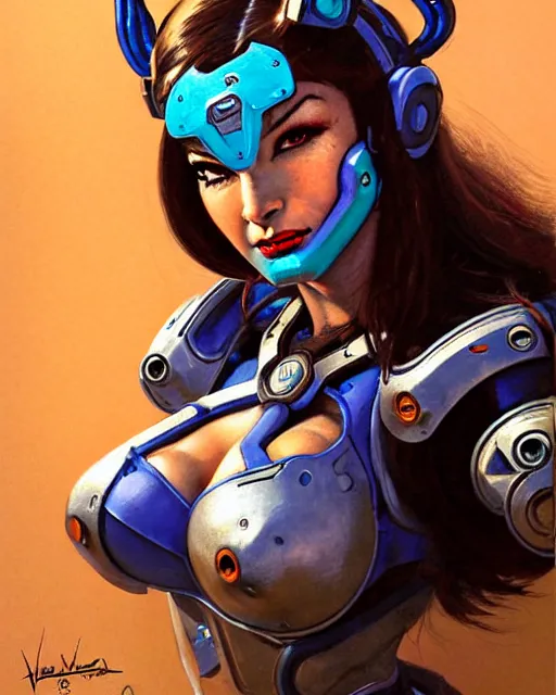 Image similar to d. va from overwatch, heavey metal magazine cover, character portrait, portrait, close up, concept art, intricate details, highly detailed, in the style of frank frazetta, esteban maroto, richard corben, pepe moreno, matt howarth, stefano tamburini, tanino liberatore, luis royo and alex ebel