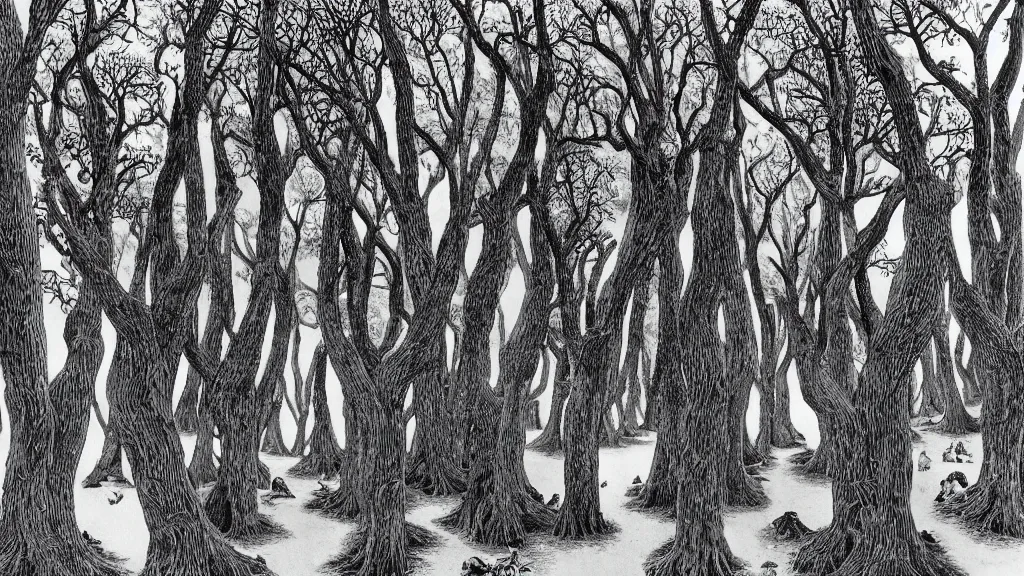 Prompt: a forest of trees that look like gnarled fingers, by chris van allsburg and m. c. escher, fine inking lines, surreal fantasy