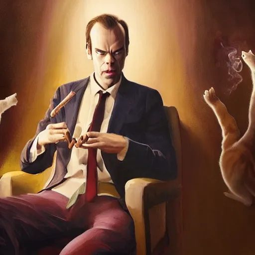 Image similar to Young Hugo Weaving wearing a suit, sitting in a chair, smoking a cigar, with a pile of sugar in his hand and a group of cats sitting in front of him. Realistic Painting, artstation, concept art, 4K