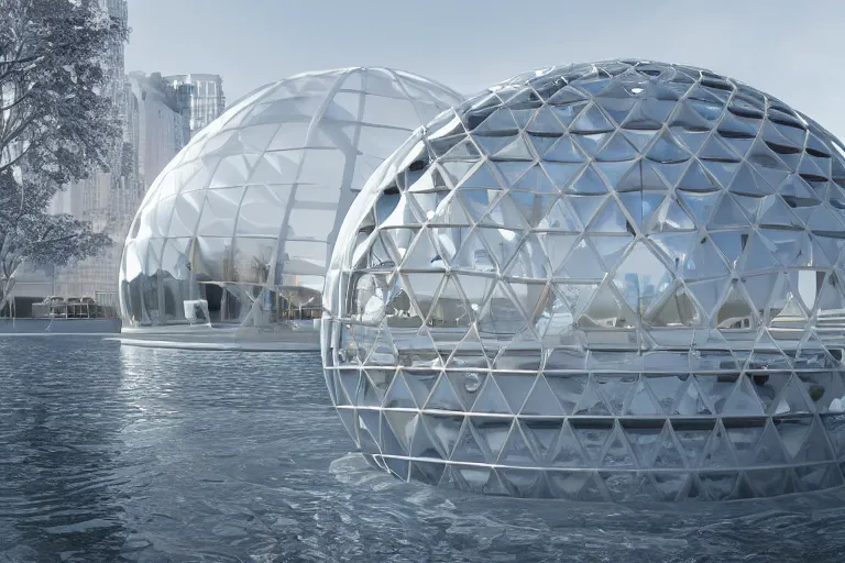 Image similar to a bubble building formed by the intersection and fusion of many white spherical spaces, on the calm lake surface, people's perspective modern curved architecture, future, wood, marble, metal award winning, highly detailed 4 k art, dusk, unreal engine highly rendered, global illumination, radial light, internal environment by kazuyo sejima