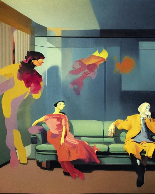 Image similar to old dead couple sitting on a couch and a person inside a large aquarium with clouds at red and yellow art deco interior room in the style of Francis Bacon and Syd Mead, open ceiling, highly detailed, painted by Francis Bacon and Edward Hopper, painted by James Gilleard, surrealism, airbrush, very coherent, triadic color scheme, art by Takato Yamamoto and James Jean