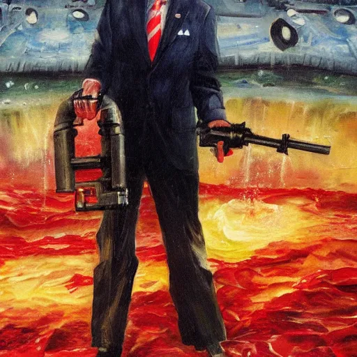 Image similar to Joe Biden holding a minigun standing ankle deep in a pool of blood with a war happening in the background, oil painting