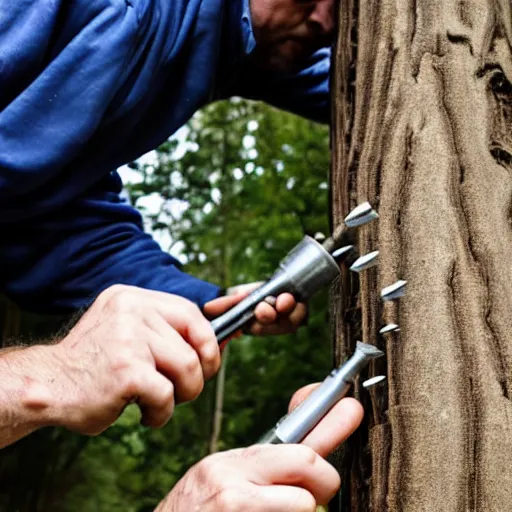 Image similar to man with huge countersink drill bits as hands angrily drilling into trees, photography