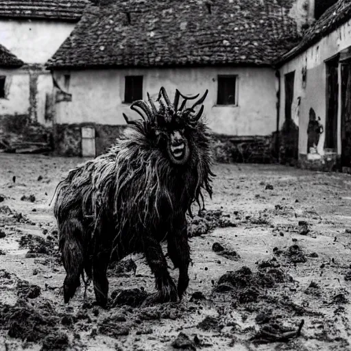 Image similar to horror, moody, still from film, daytime, muddy village square, wide shot, roaring mutant goat monster, powerful and huge, creeping on legs with hands instead of feet, filthy jagged teeth in gaping mouth, matted dirty fur, in muddy medieval village square