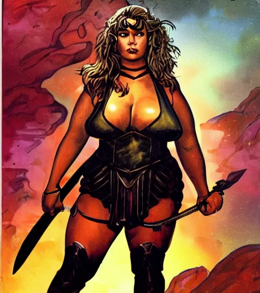 Image similar to 1 9 8 0 s fantasy novel book cover, bbw plus size amazonian sarah hyland in extremely tight bikini armor wielding a cartoonishly large sword, exaggerated body features, dark and smoky background, low quality print