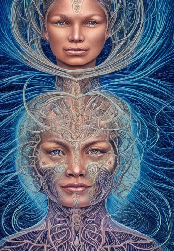 Prompt: perfectly centered portrait front view of a beautiful biomechanical moon goddess, flowing hair, intense stare, sweet smile, symmetrical, concept art, intricate detail, volumetric shadows and lighting, realistic oil painting by alex grey,