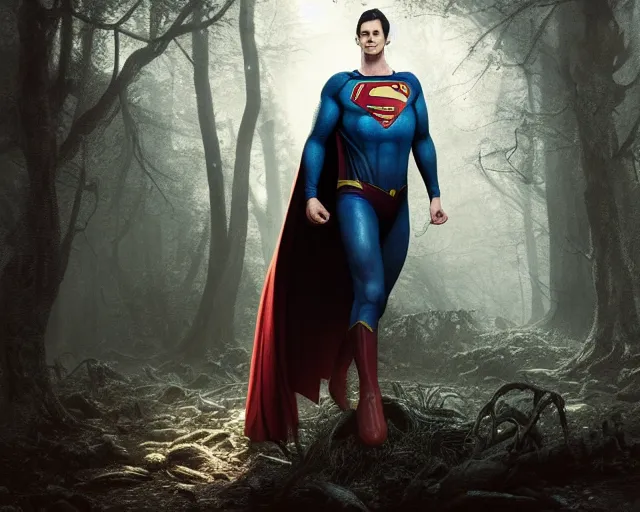 Image similar to 5 5 mm portrait photo of a undead rotting superman in a magical forest. magical atmosphere. art by greg rutkowski and luis royo. highly detailed 8 k. intricate. lifelike. soft light. nikon d 8 5 0.