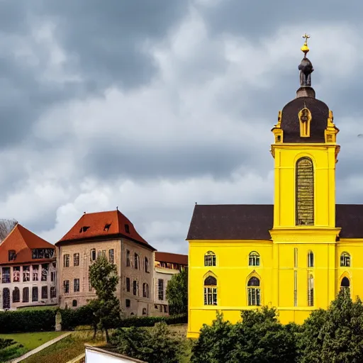 Prompt: a large yellow building with a steeple on top of it, on a hill, a flemish baroque by karl stauffer - bern, unsplash, heidelberg school, panorama, wimmelbilder, romanesque, danube school, pixabay contest winner