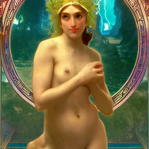 Image similar to Demon Girl at the palace, refracted sparkles, thunderstorm, greek pool, beach and Tropical vegetation on the background major arcana sky, by paul delaroche, alphonse mucha and arnold böcklin, hyperrealistic 8k, award-winning, very very very detailed