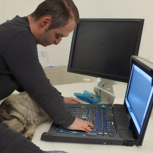 Image similar to a dog fixing a computer