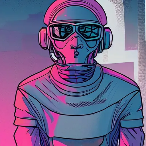 Prompt: “in the style of josan Gonzalez and jinx88 a young and suave cyberpunk teenager wearing a futuristic helmet, eyes still visible, highly detailed, y2k”