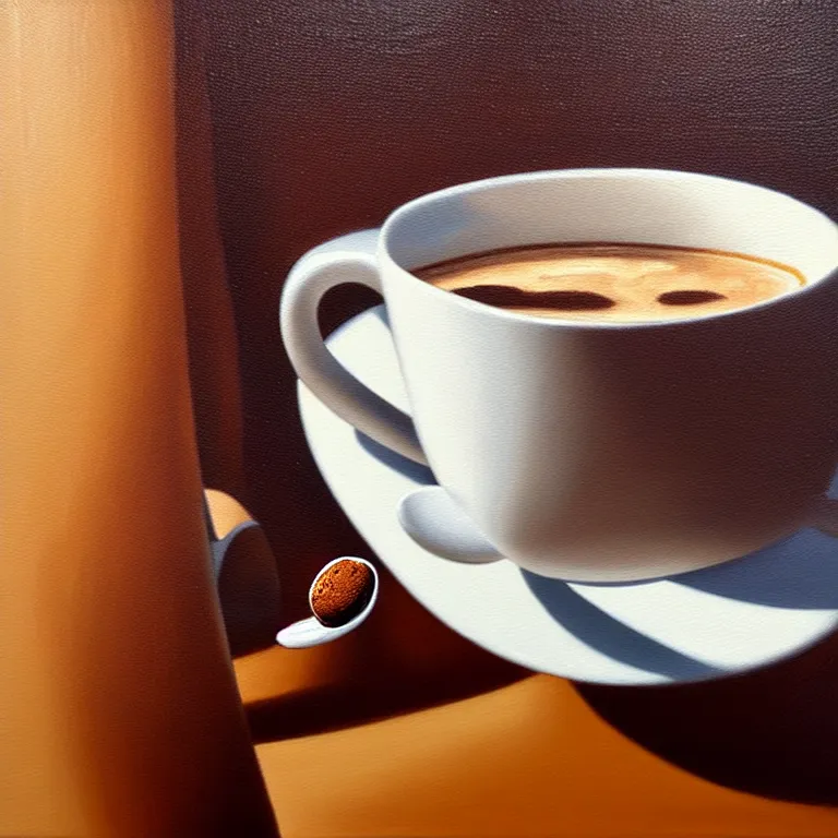 Prompt: an anthropomorphic coffee bean drinking a cup of espresso, photorealism, oil on canvas, soft textures, warm lighting