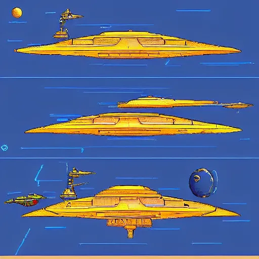 Prompt: “a sprite sheet for a top down spaceship RPG with modular spaceships and a Newtonian gravity mechanics, illustrated in moebius and Robert McCall inspired artstyle with additional inspiration from Salvador Dali”