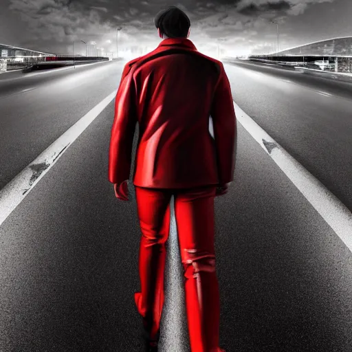 Image similar to isometric!!! view of a man with a red jacket from his behind. walking towards a red futuristic motorbike on a wide road. pencil drawing, photo realistic, hyper realistic, dramatic lighting, cyberpunk, ultra detailed, sharp focus, wide angle, digital illustration, trending on artstation