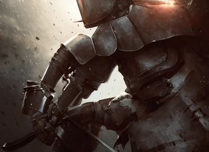 Prompt: dramatic cinematic artwork close up of Kevin De Bruyne in a suit of armor with a sword, fighting in a battle by Greg Rutkowski, 4k, masterpiece, sun rays