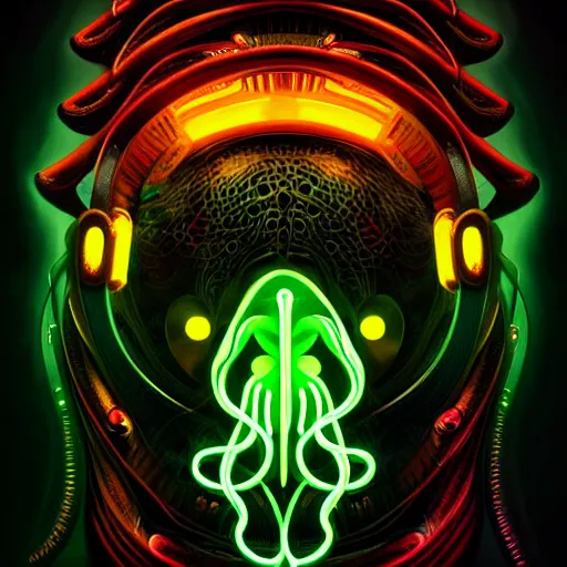 Image similar to poster style, a beautiful and terrifying painting with high details a digital portrait of lovecraftian tech god, green neon cyber cthulhu, cyber noir, movie atmosphere, movie lights, 8 k, light effect, rtx on, trending on artstation, by kilian eng, lee madgwick, bastien lecouffe - deharme