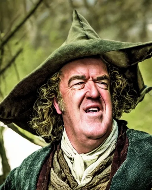 Prompt: film still close - up shot of jeremy clarkson as bilbo baggins from the movie the hobbit. photographic, photography