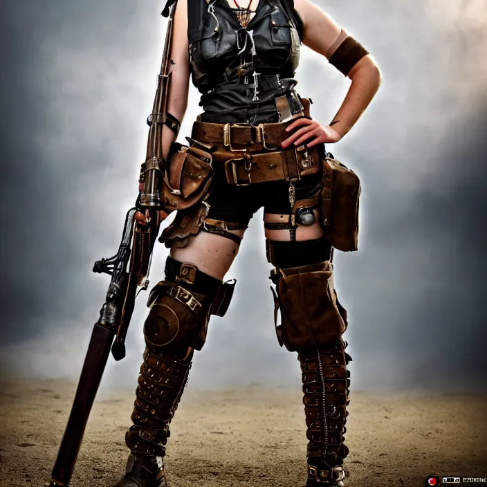 Image similar to full length photo of a very beautiful female dieselpunk warrior with weapons, 8 k, hdr, smooth, sharp focus, high resolution, award - winning photo