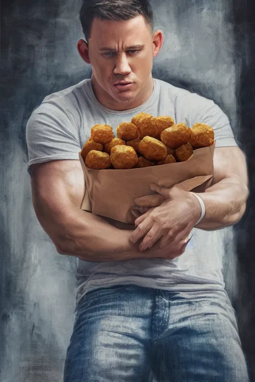 Image similar to channing tatum as a tater tot, oil on canvas, intricate, portrait, 8 k highly professionally detailed, hdr, cgsociety