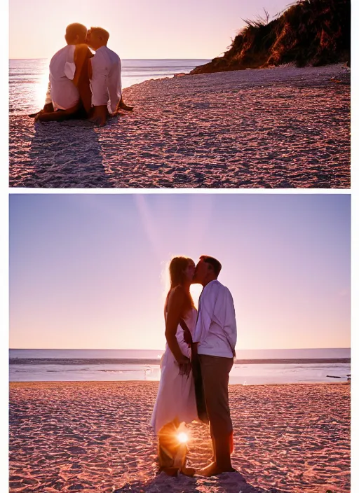 Image similar to A hyper realistic and detailed photography of a couple kissing from movie Here to Eternity on beach. by David Dubnitskiy. Cinematic. Golden Hour. Kodak Portra 400. Lens flare. 35mm lens