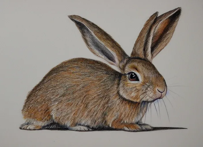 A pencil sketch drawing of a large size rabbit, full white body, left to  right angle, black and white, no colouring, children's colouring book on  Craiyon