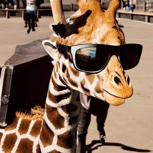 Prompt: a giraffe on a skateboard wearing sunglasses, lulu chen