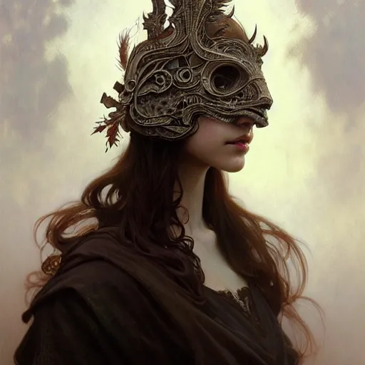 Prompt: Girl wearing an intricate mask made of feather and bone, face, detailed, intricate, elegant, highly detailed, digital painting, artstation, concept art, smooth, sharp focus, illustration, art by Krenz Cushart and Artem Demura and alphonse mucha