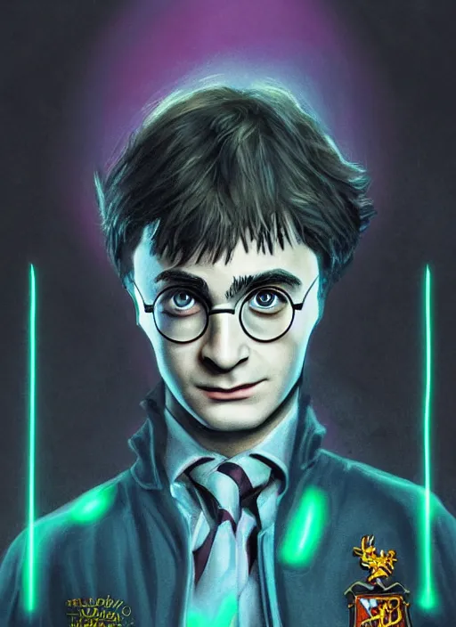 Prompt: harry potter portrait, hogwarts 2 0 7 7, neon, atmospheric, detailed, detailed illustration, 4 k, digital art, sharp focus, minimalism, trending on artstation