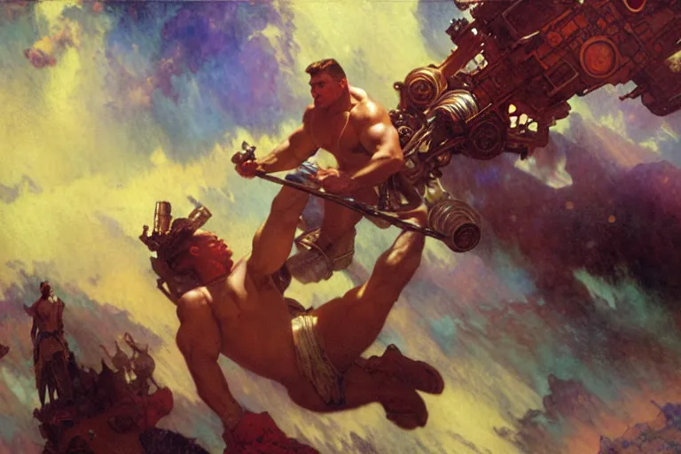 Prompt: beefy attractive men in spaceship, painting by gaston bussiere, craig mullins, greg rutkowski, alphonse mucha