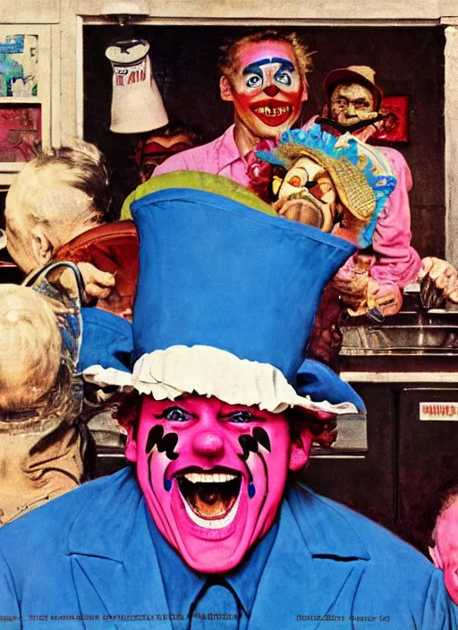 Image similar to dennis hopper screaming about the candy coloured clown in a kitchen, painted by norman rockwell and tom lovell and frank schoonover, pink and blue