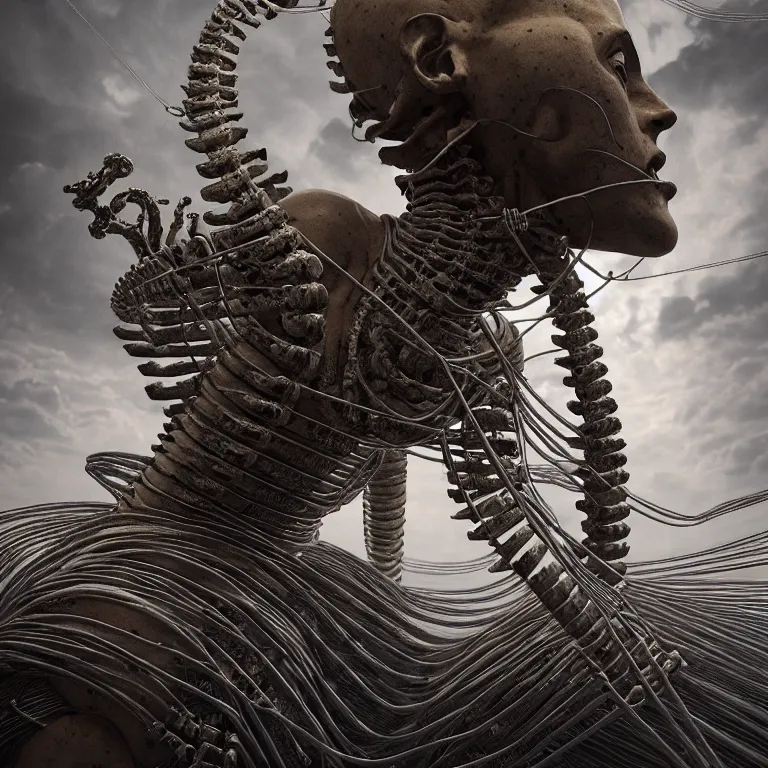 Prompt: surreal greek spine spinal statue covered with wires, surreal abandoned buildings, dream-like heavy atmosphere, baroque painting, beautiful detailed intricate insanely detailed octane render trending on Artstation, 8K artistic photography, photorealistic, dramatic volumetric cinematic light, chiaroscuro, Raphael, Caravaggio, Beksinski, Giger