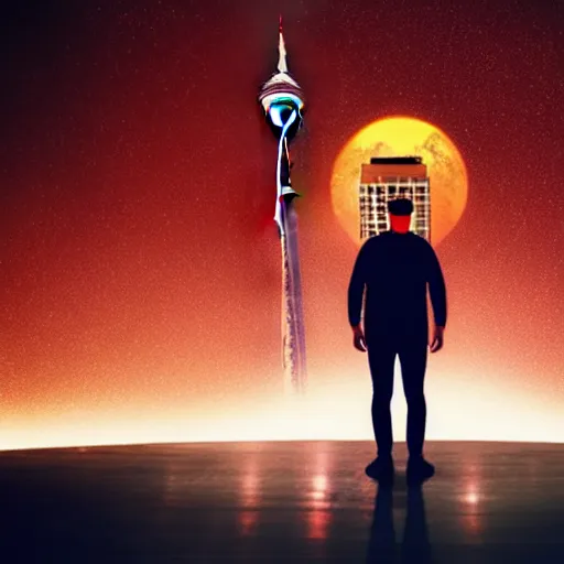 Prompt: man with mars for head in front of Toronto space needle, dramatic epic cinematic lighting, maple leaves and daggers background