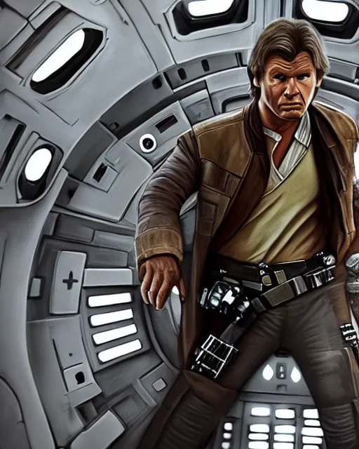 Image similar to portrait of han solo on the millennium falcon, harrison ford,, star wars, gta v, hyper realistic, ambient lighting, concept art, intricate, hyper detailed, smooth, action, volumetric lighting, george lucas, ralph mcquarrie, octane