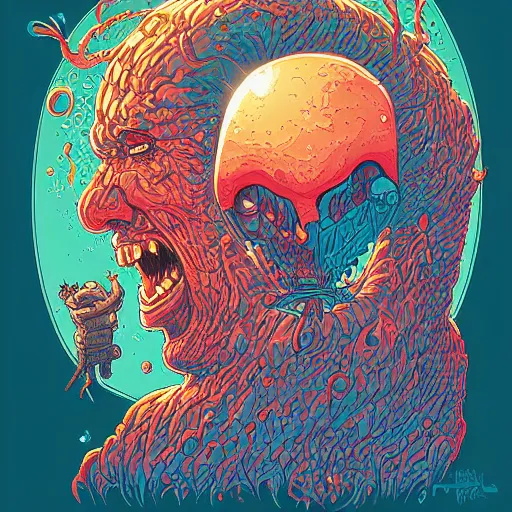 Image similar to portrait of head melting into another one, lava, laugh and surprise, spiders with tongues, by josan gonzales and Dan Mumford